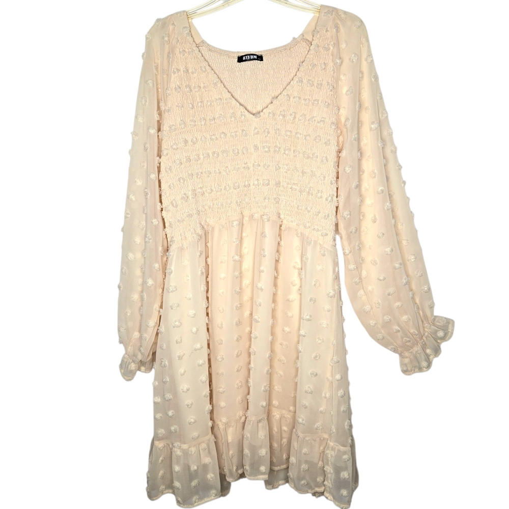 BTFBM Babydoll Smocked Coquette Party Dress Size XXL Cream Balloon Sleeve